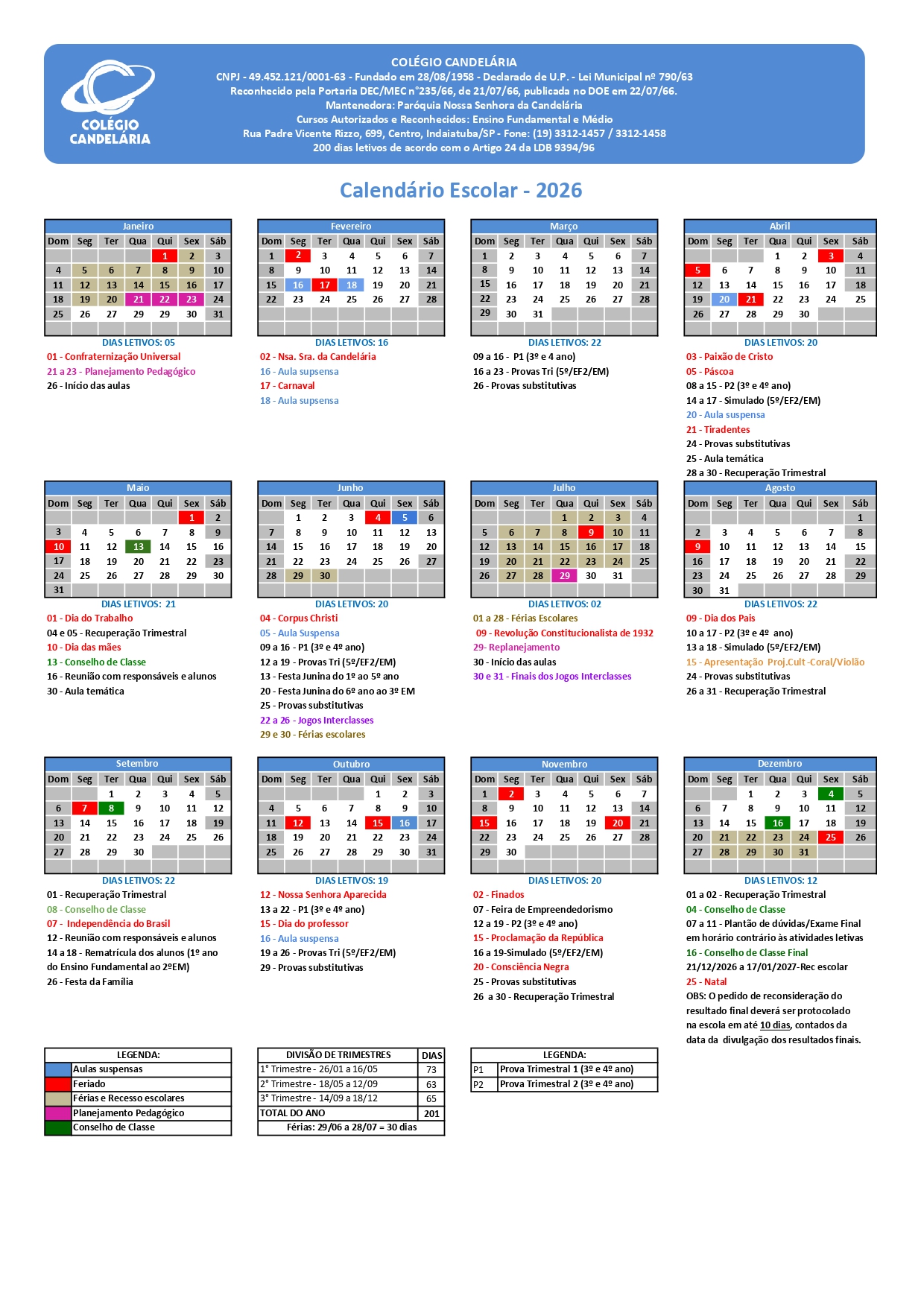 Calend&aacute;rio Escolar 2026